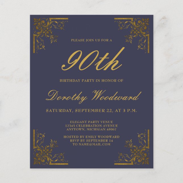 Budget Vintage Navy Blue Gold Birthday Invitation (Front)