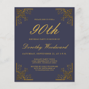 Budget Vintage Navy Blue Gold Birthday Invitation