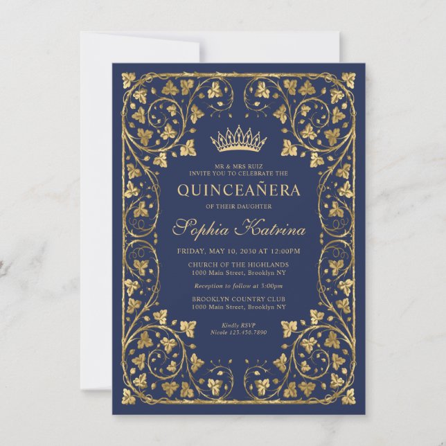 Budget Vintage Navy Blue Gold Tiara Quinceanera Card (Front)