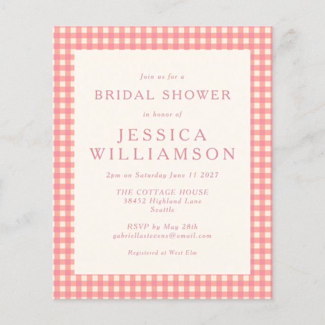 Budget Vintage Pink Plaid Bridal Shower Invite (Front)