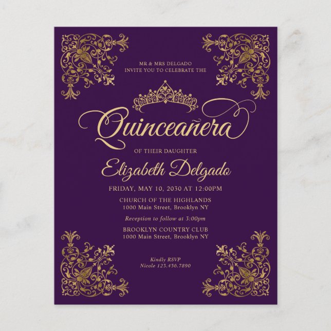 Budget Vintage Purple Gold Frame Quinceanera (Front)