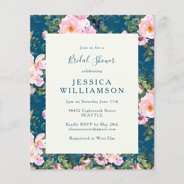Budget Vintage Romantic Florals Blue Bridal Shower (Front)