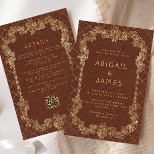 Budget Vintage Rust Gold QR Code Wedding Invite