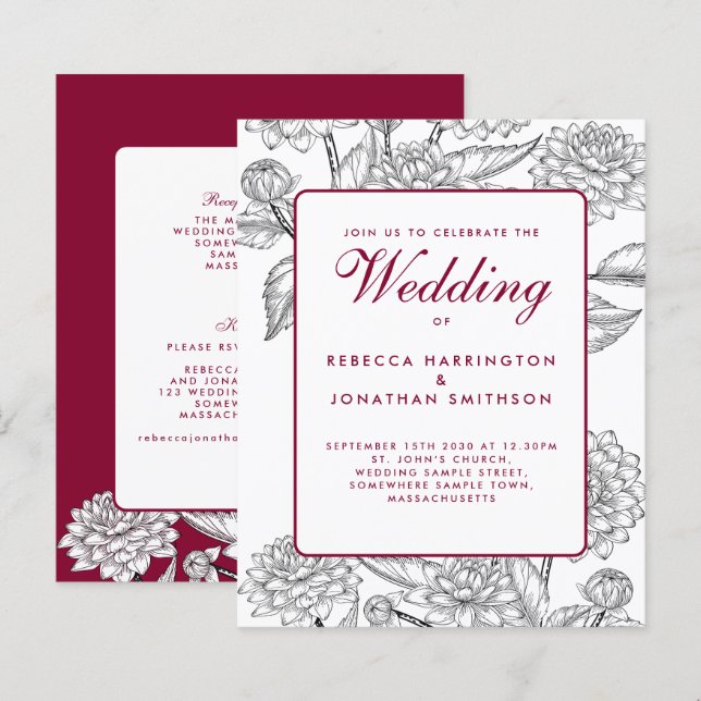 Budget Vintage Wine Red Floral Wedding Invitation (Front/Back)