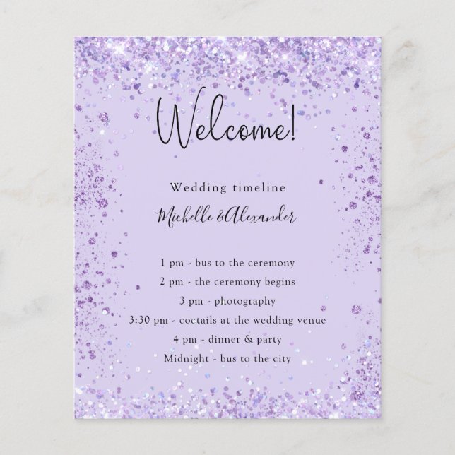 Budget violet glitter wedding program details (Front)