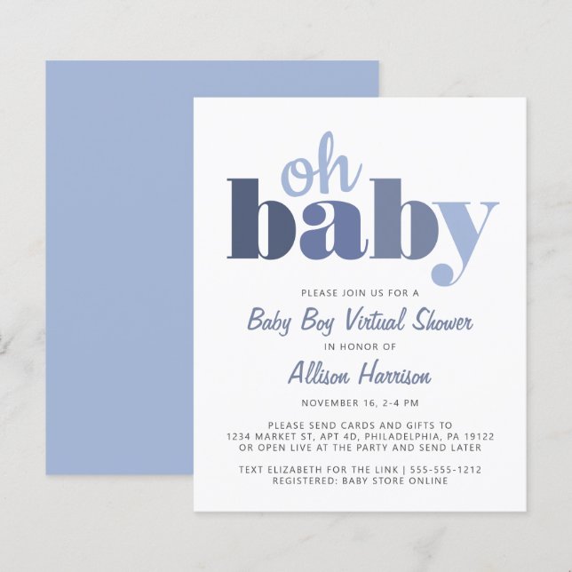 Budget Virtual Baby Boy Shower Oh Baby Invitation (Front/Back)