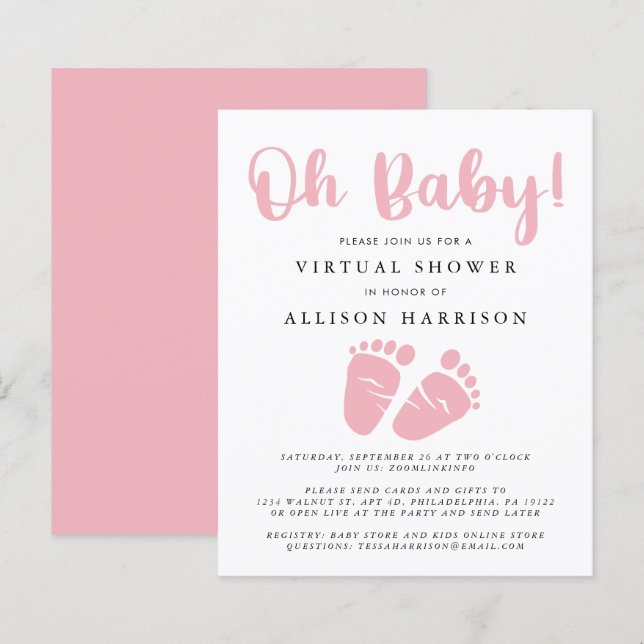 Budget Virtual Baby Shower Pink Feet Invitation (Front/Back)