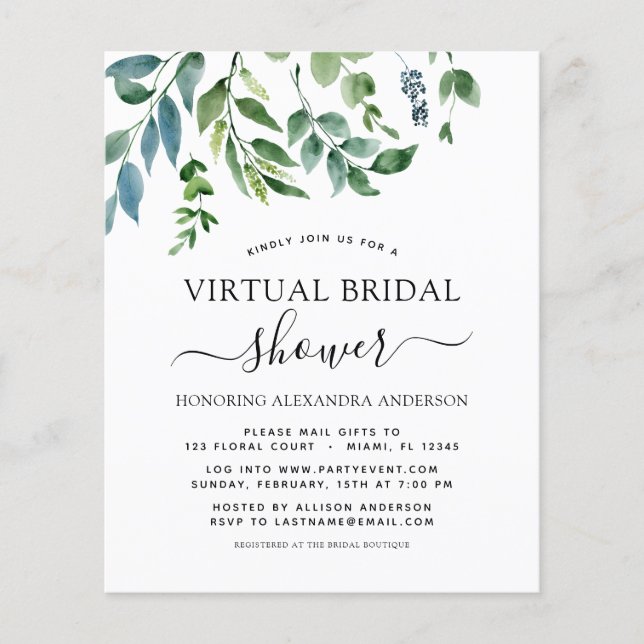 Budget Virtual Bridal Shower Greenery Invitation Flyer (Front)