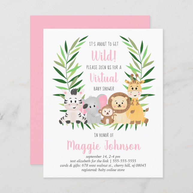Budget Virtual Safari Pink Baby Shower Invitation (Front/Back)
