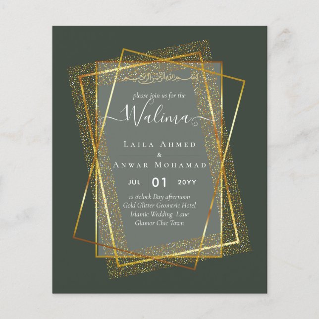 Budget Walima Muslim Wedding Gold Frame Invite Flyer (Front)