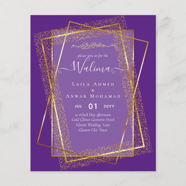 Budget Walima Muslim Wedding Gold Frame Invite Flyer (Front)