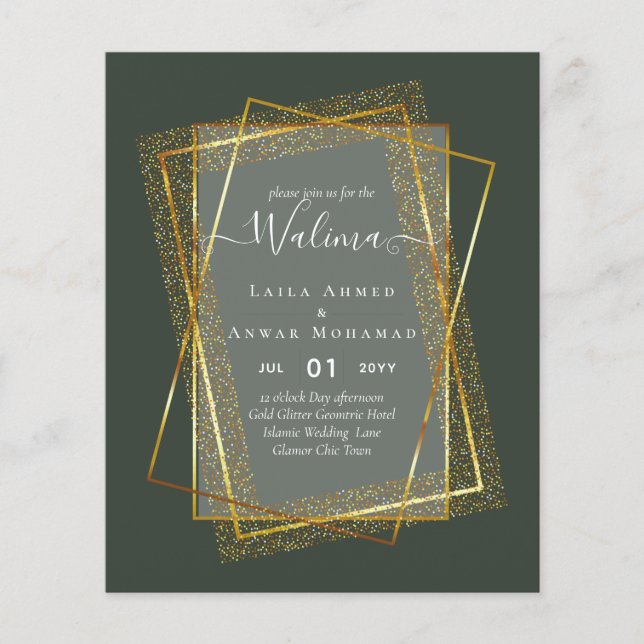 Budget Walima Muslim Wedding Gold Frame Invite Flyer (Front)