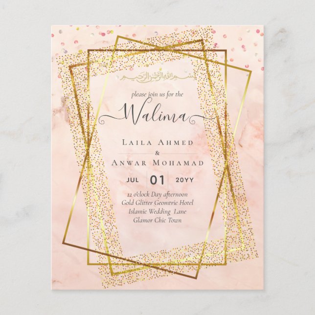 Budget Walima Muslim Wedding Gold Frame Invite Flyer (Front)
