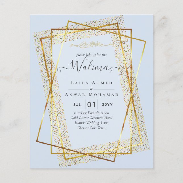 Budget Walima Muslim Wedding Gold Frame Invite Flyer (Front)