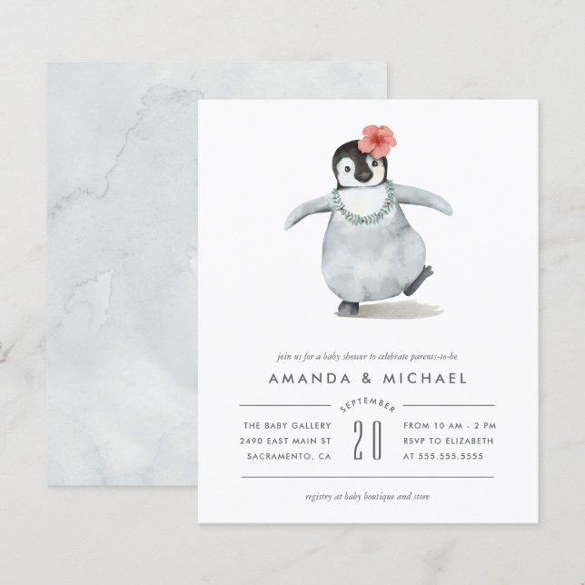 Budget Watercolor Baby Girl Penguin Baby Shower (Front/Back)