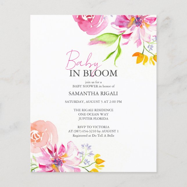Budget Watercolor Baby Shower Baby In Bloom (Front)