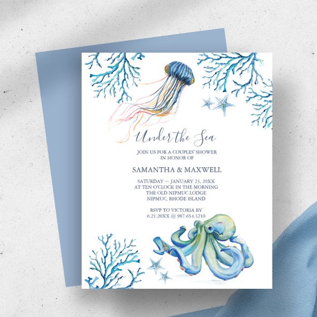 Budget Watercolor Baby Shower Under The Sea Theme (baby boy shower invitations watercolor under the sea watercolor octopus starfish corals DoTellABelle)