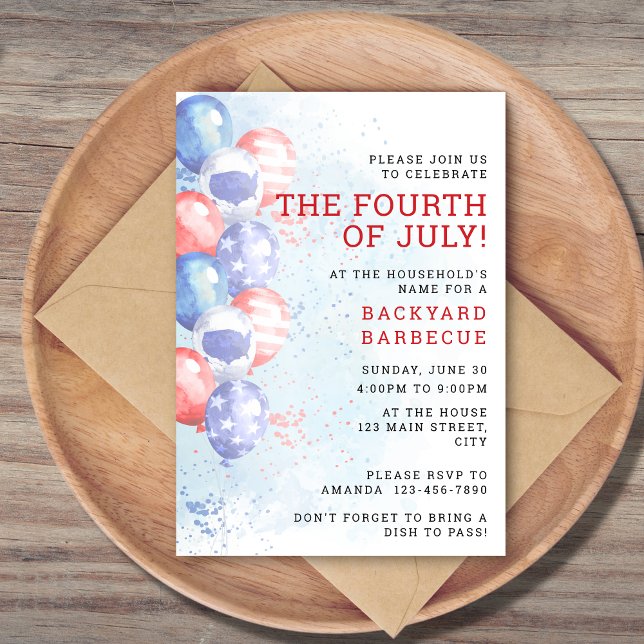 Budget Watercolor Balloons Fourth of July BBQ Invitation (Creator Uploaded)