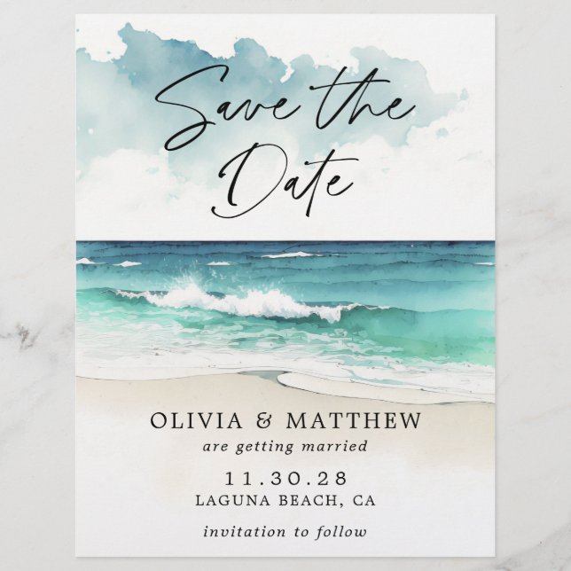 Budget Watercolor Beach Save the Date Announcement Flyer (Front)