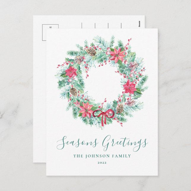 Budget Watercolor Berries & Greenery Wreath Holiday Postcard (Front/Back)