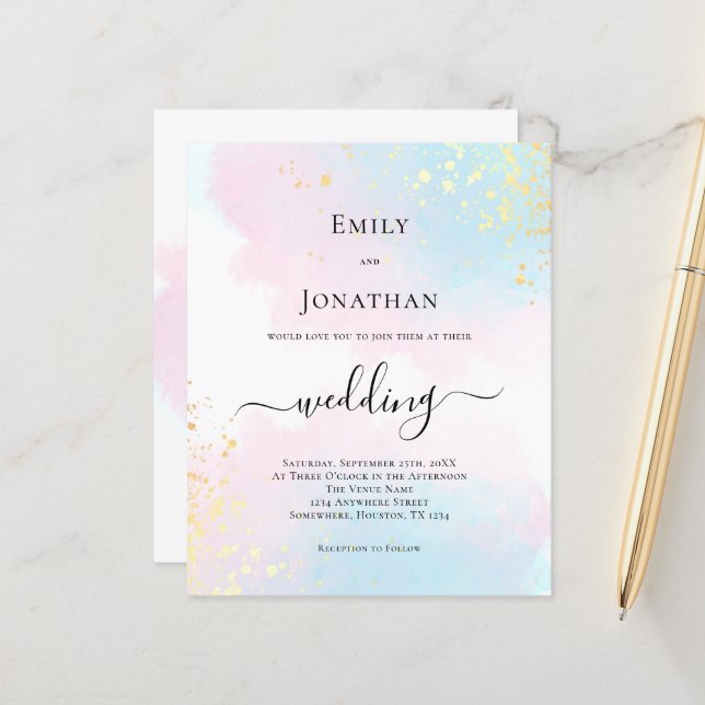 Budget Watercolor Blue Pink Wedding Invitation (Front/Back In Situ)
