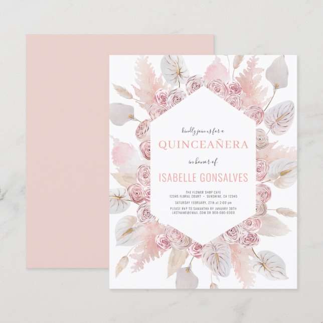 Budget Watercolor Boho QUINCEAÑERA Invitation (Front/Back)