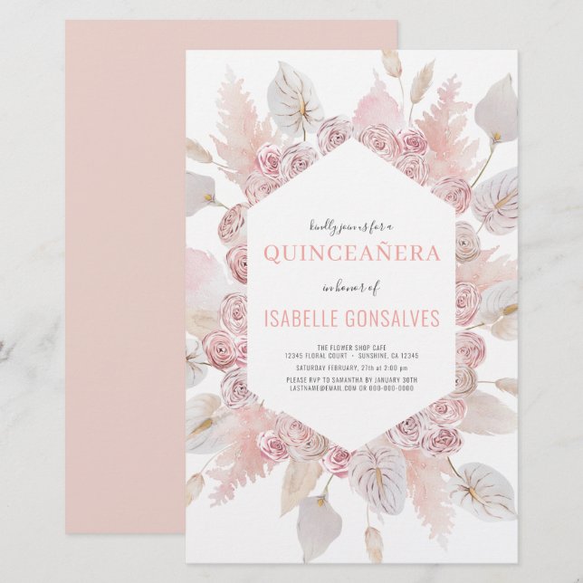 Budget Watercolor Boho QUINCEAÑERA Invitation (Front/Back)