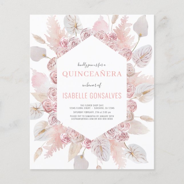 Budget Watercolor Boho QUINCEAÑERA Invitation Flyer (Front)