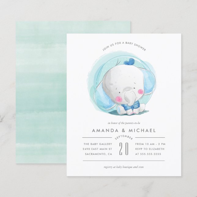 Budget Watercolor Elephant Blue Boy's Baby Shower (Front/Back)