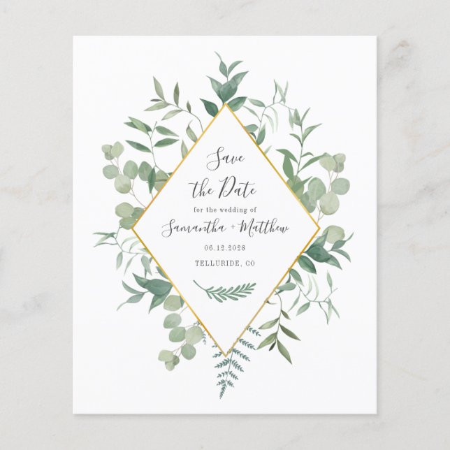 Budget Watercolor Eucalyptus Greenery Save Date (Front)
