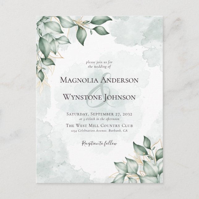 BUDGET Watercolor Eucalyptus Wedding Invitation Postcard (Front)