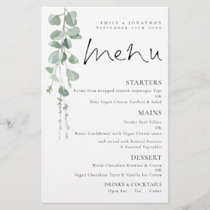 Budget Watercolor Eucalyptus Wedding Menu