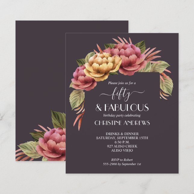 Budget Watercolor Floral 50th Birthday Invitations (Front/Back)