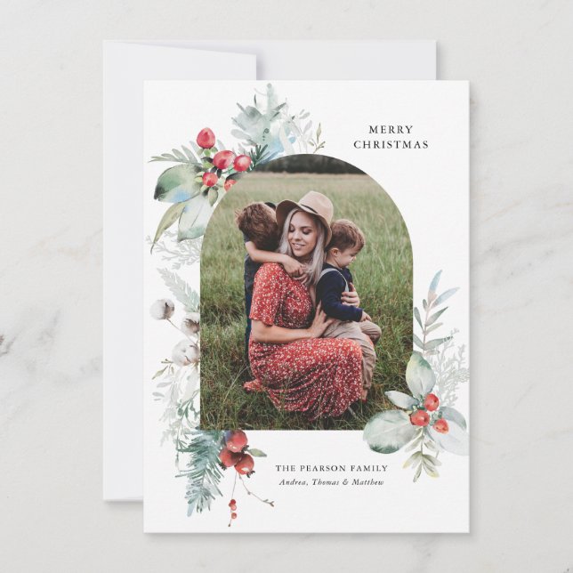 Budget Watercolor Floral Arch Photo Christmas  Holiday Card (Front)