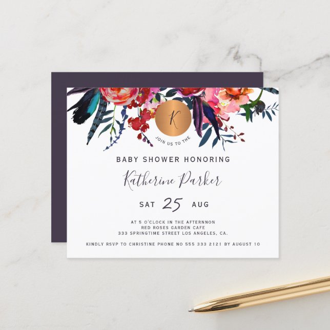 Budget watercolor floral baby shower invitation (Front/Back In Situ)