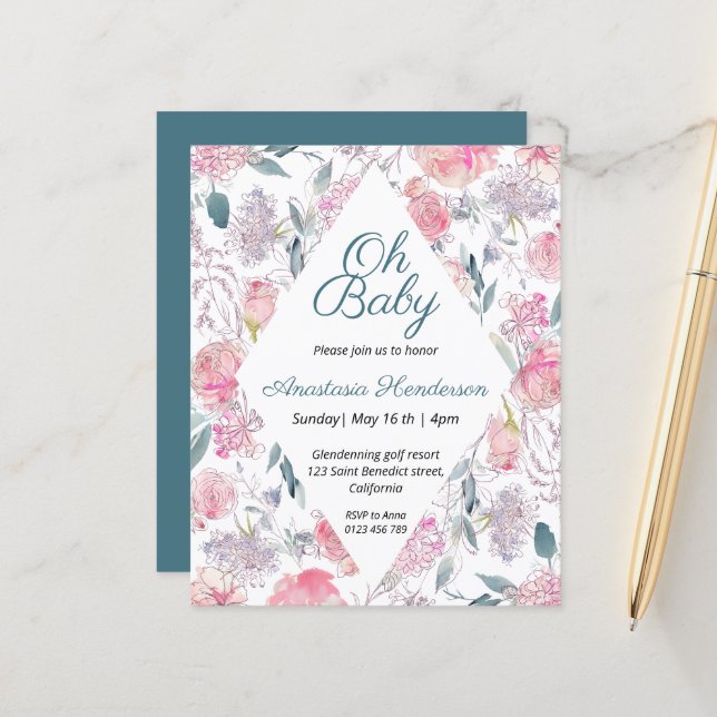Budget Watercolor Floral Baby shower Invitation. (Front/Back In Situ)
