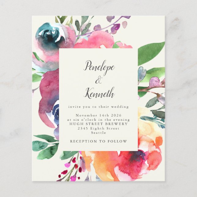 Budget Watercolor Floral Elegant Script Wedding (Front)