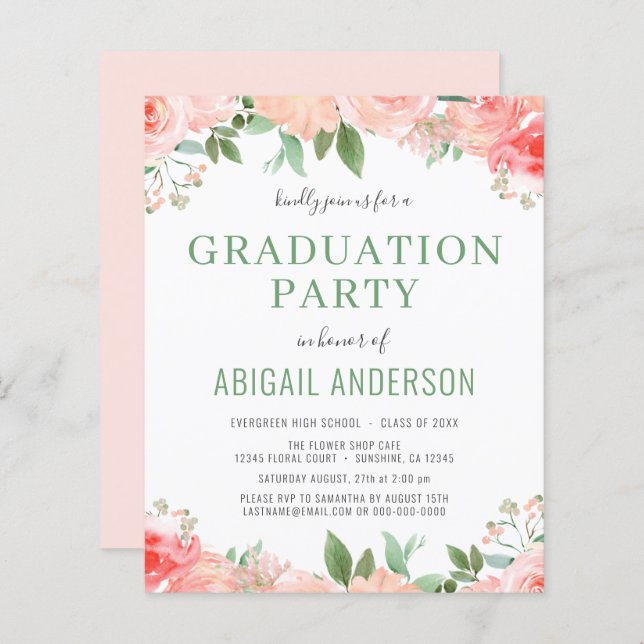 Budget Watercolor Floral  Graduation Invitation (Front/Back)