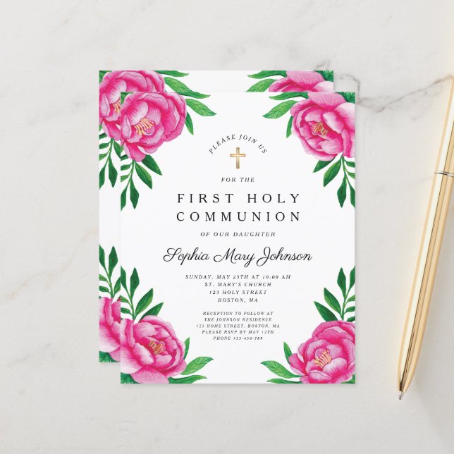 Budget Watercolor Floral Peonies First Communion  (Front/Back In Situ)