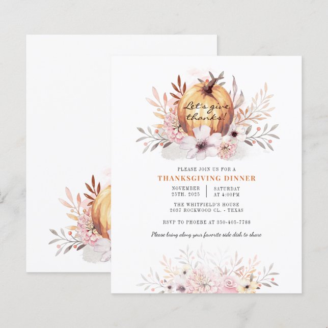 Budget Watercolor Floral Pumpkin Thanksgiving Card (Front/Back)