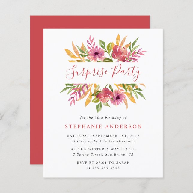 Budget Watercolor Floral Surprise Birthday Party (Front/Back)