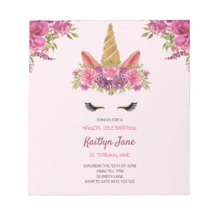 BUDGET Watercolor Floral Unicorn Pink Invitation Notepad