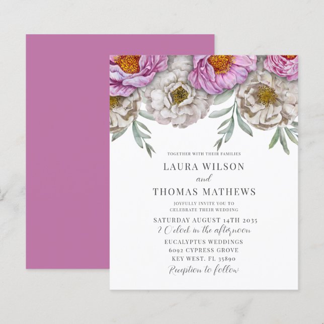 Budget Watercolor Florals Pink & White Wedding (Front/Back)