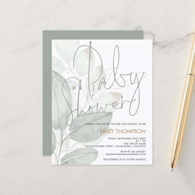 Budget Watercolor Foliage Baby Shower Invitation (Front/Back In Situ)