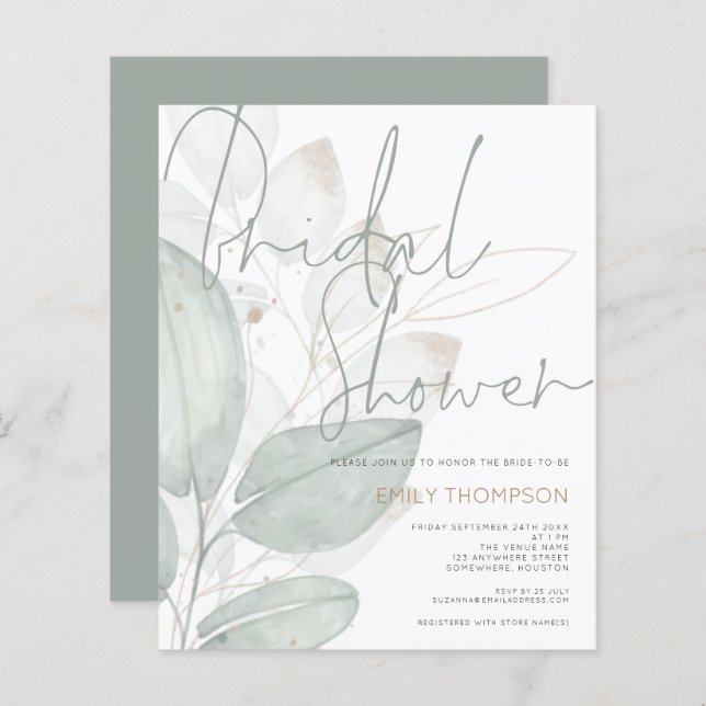 Budget Watercolor Foliage Bridal Shower Invitation (Front/Back)