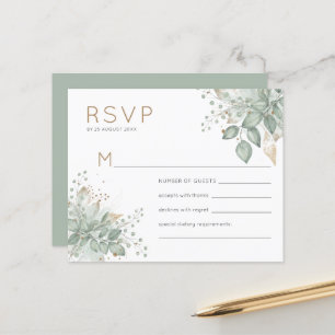 Budget Watercolor Foliage Green Gold Wedding RSVP