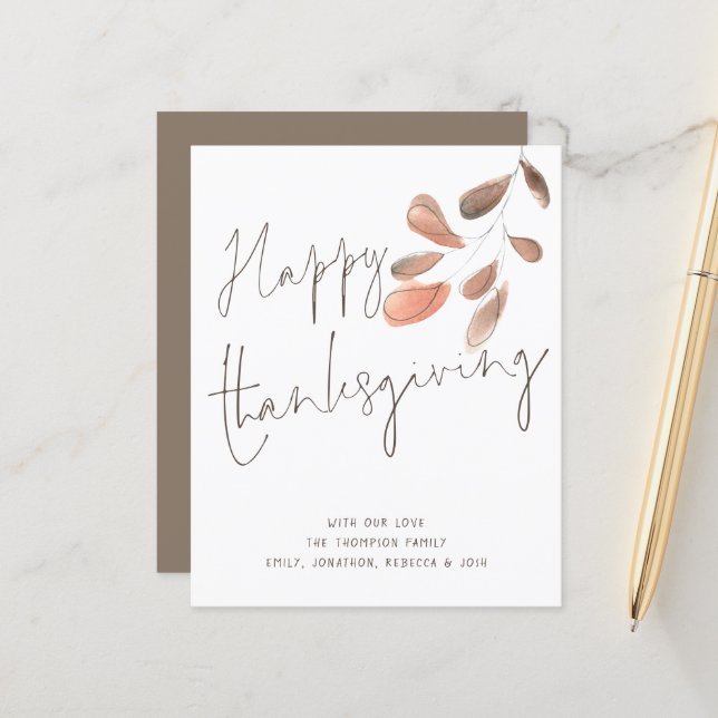 Budget Watercolor Foliage Happy Thanksgiving Card (Front/Back In Situ)