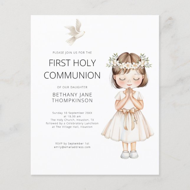 Budget Watercolor Girl First Holy Communion White (Front)