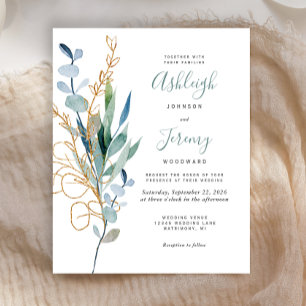 Budget Watercolor Gold Eucalyptus Wedding Invite