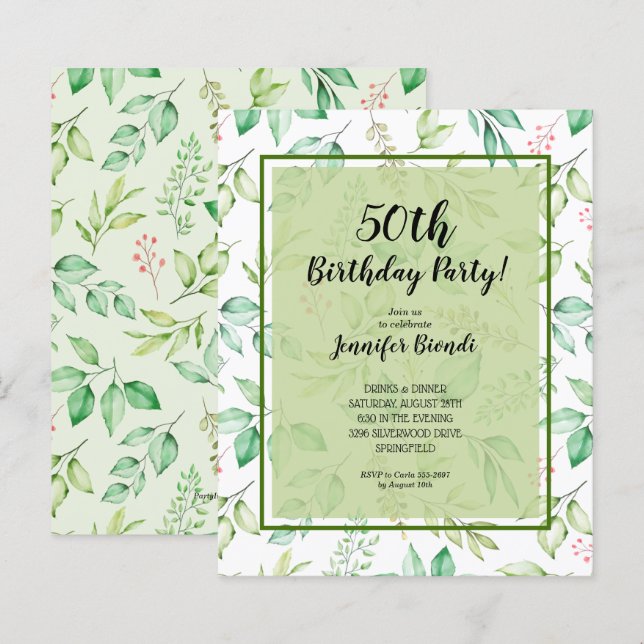 Budget Watercolor Greenery Birthday Invitation (Front/Back)
